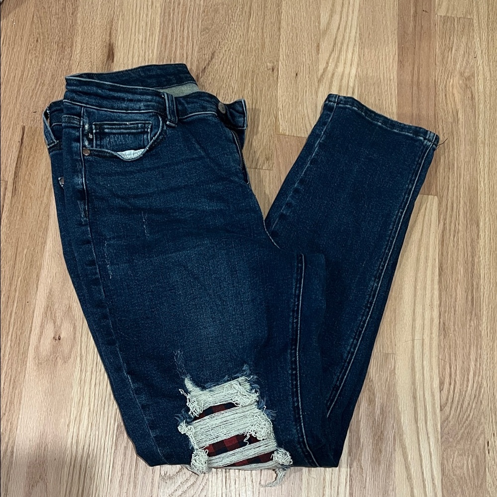 Judy Blue Dark Blue Distressed Buffalo Plaid Accents Skinny Jeans